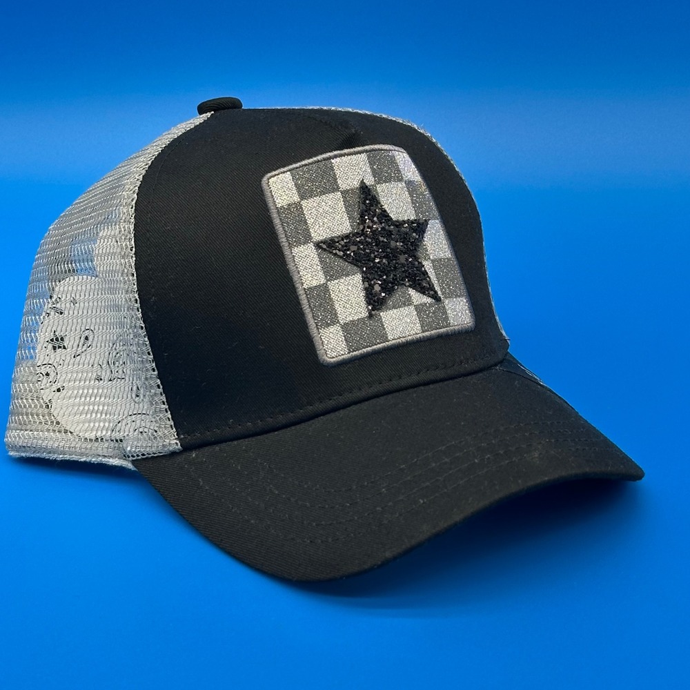 Vintage Havana Womens OS Trucker Hat Black Silver Glitter Star Checkered Glam